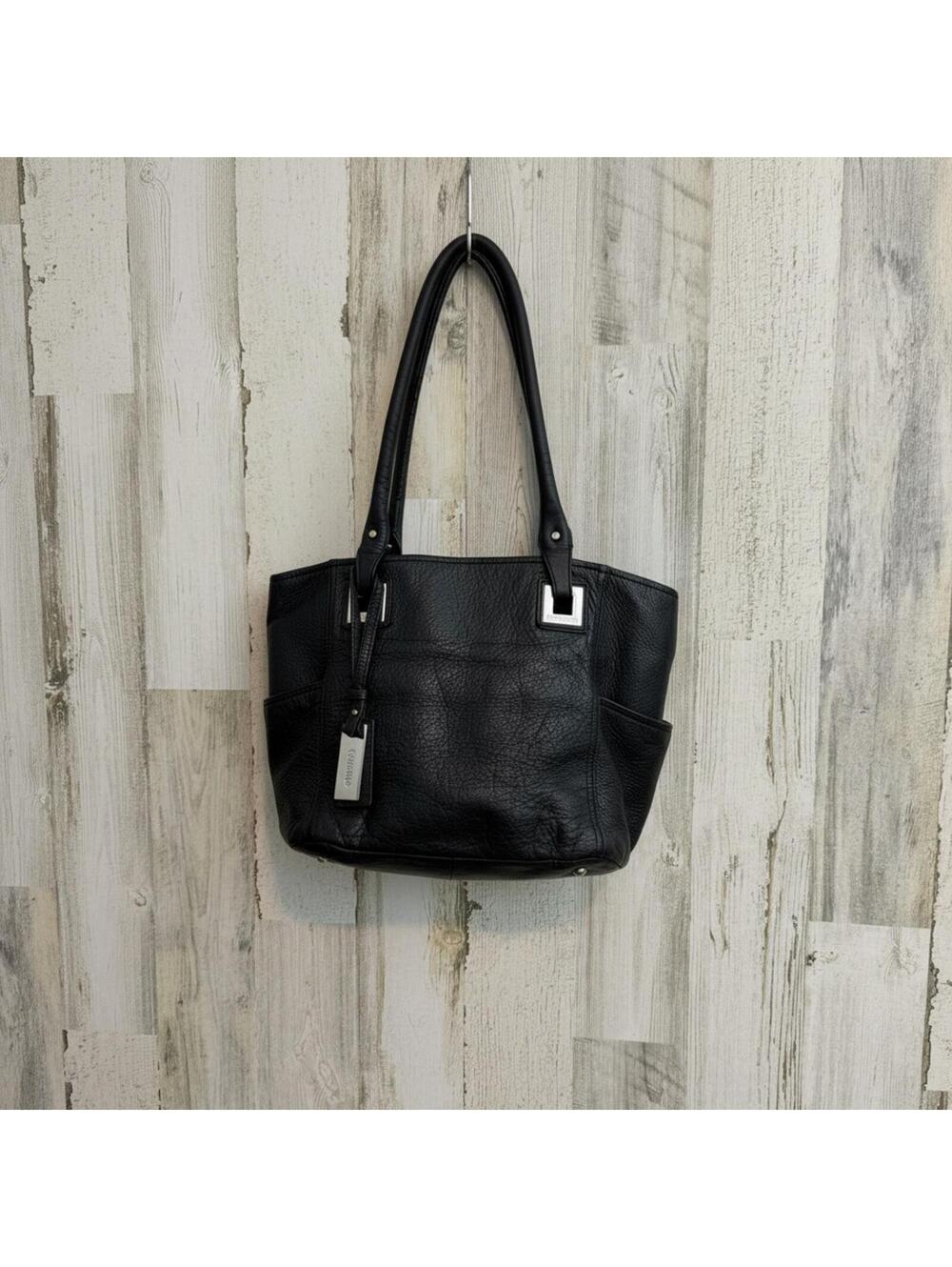 Calvin Klein Black Pebbled Leather Tote Shoulder Bag Silver Tag